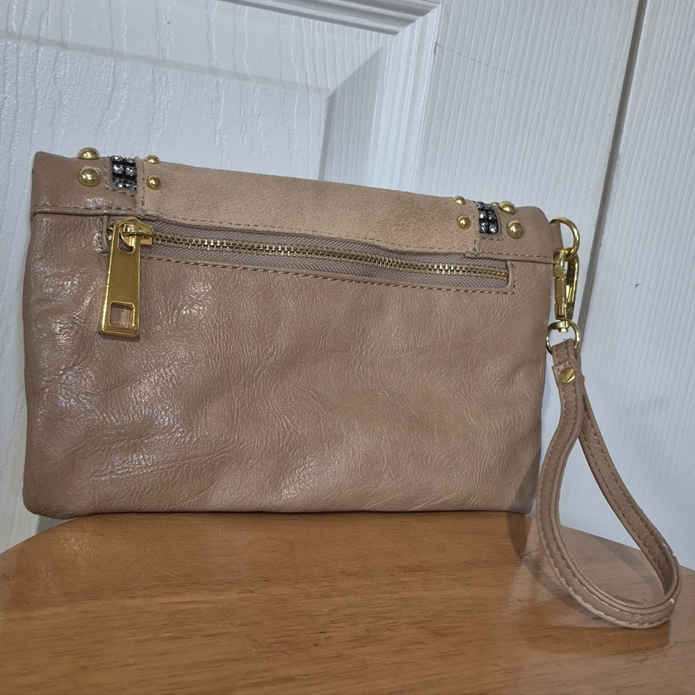 Cache Tan Leather Gold Beaded Rhinestone Wristlet - Picture 5 of 14